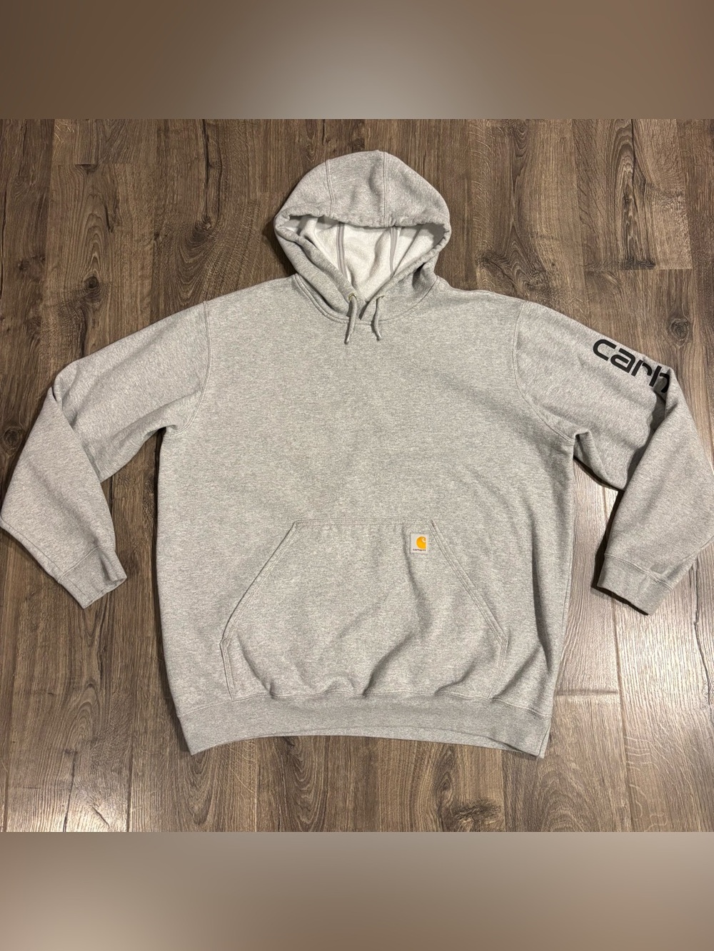Carhartt Gray Pullover Loose Fit Hoodie Front Pocket Sleeve Spellout Mens XL